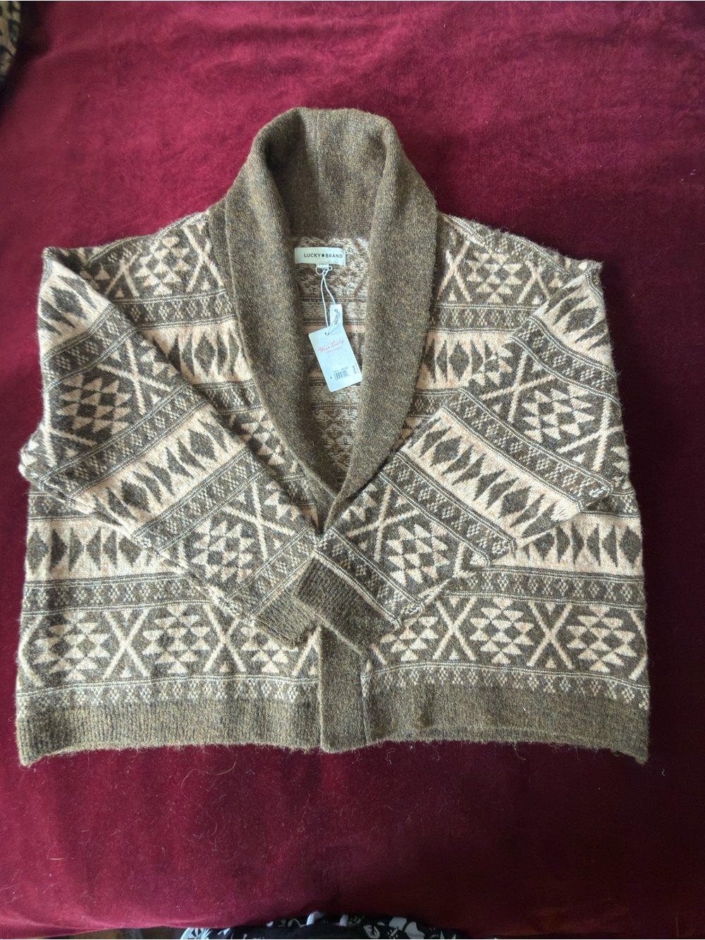 Lucky Brand Brown and Beige Patterned Shawl Collar Cardigan Sz XL